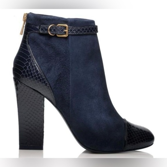 Tory‎ Burch Gracie Suede Navy Ankle Boots Embossed Alligator Leather Heeled 8.5 - Picture 3 of 15